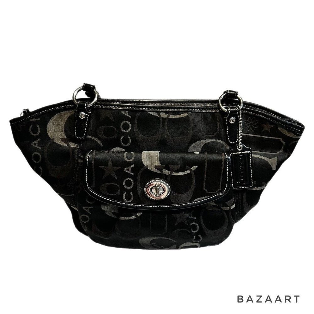 Coach Purse Leah Shoulder Bag Black & Gray stars Sateen #F14654 Silver Hardware